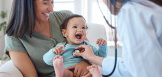 Mother, baby and stethoscope of pediatrician for healthcare consulting