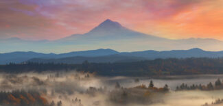 Mount Hood over Foggy Sandy River Valley Sunrise